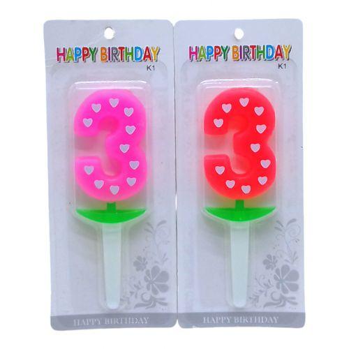 Свічка-цифра неон з сердечком "3" 5см (24089), фото 1