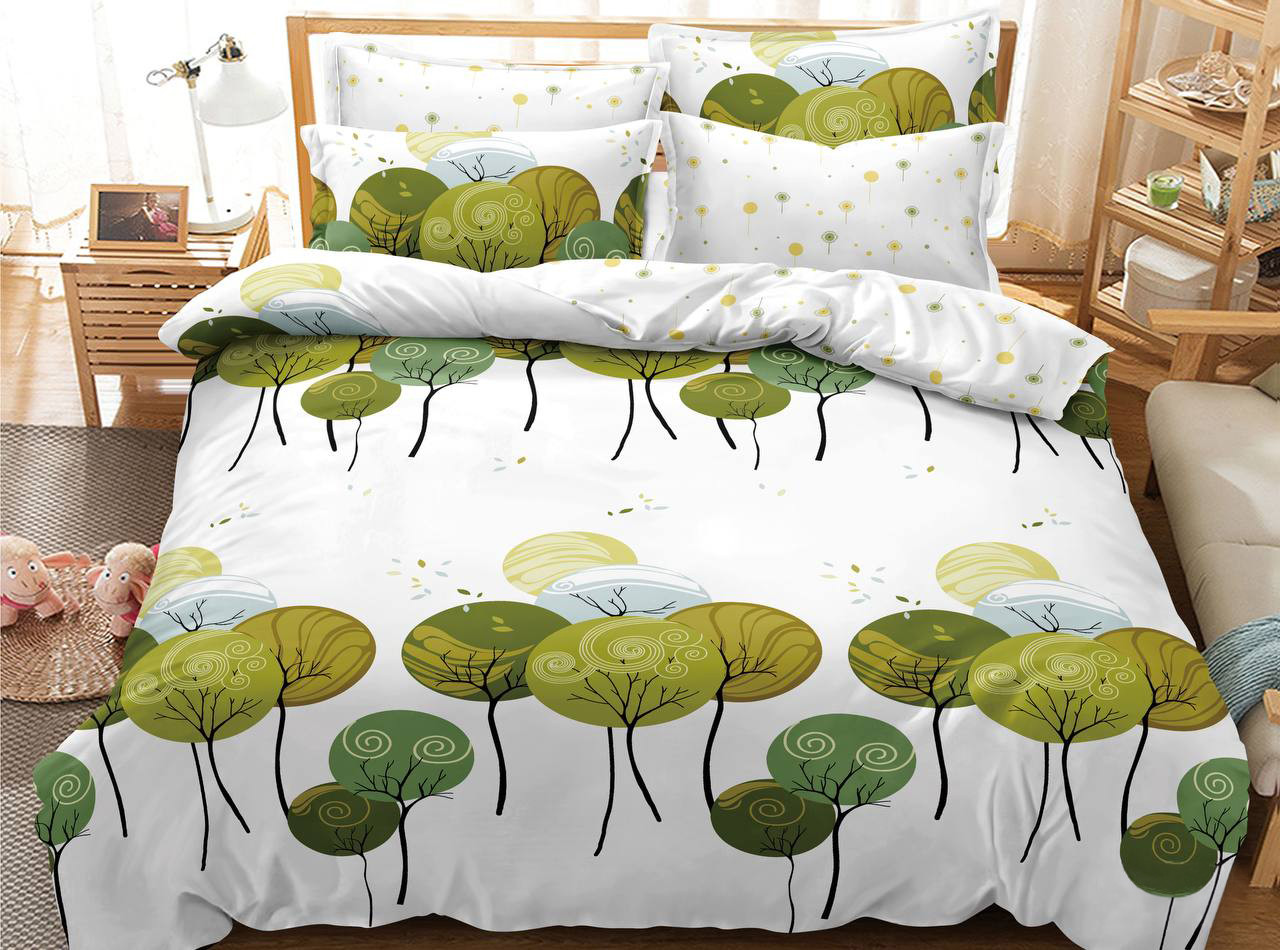 Простирадло 150х220 (Сатин) | Полуторне простирадло від виробника "Королева Ночі" | Зелені дерева на білому, фото 1