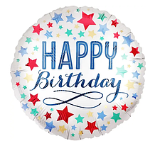 Фольгована куля з написом Happy birthday кругла Різнокольорові зірки 45 см 18» Китай