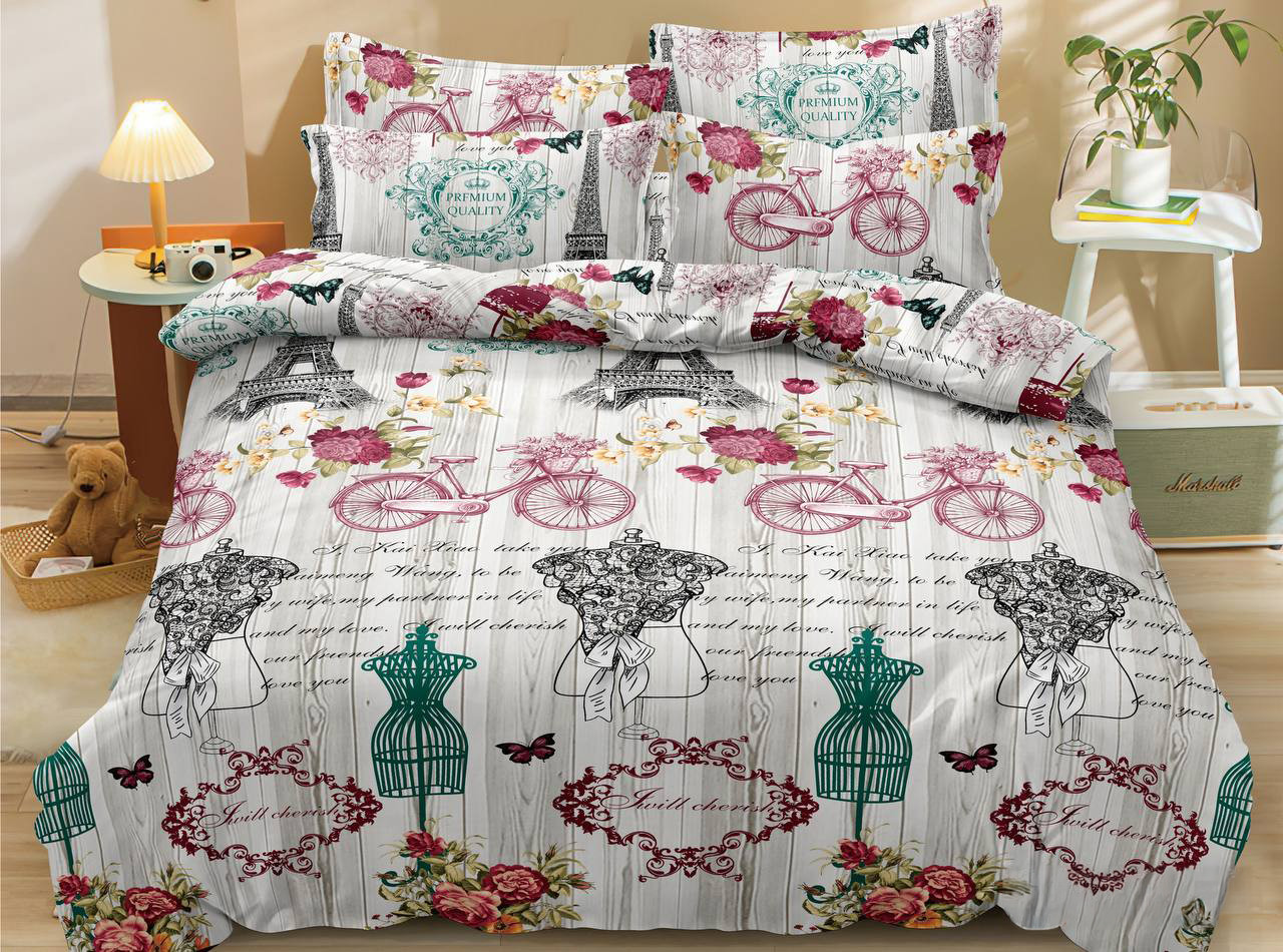 Простирадло 150х220 (Сатин) | Полуторне простирадло від виробника "Королева Ночі" | Різнокольорова абстракція, Ейфелева вежа, фото 1