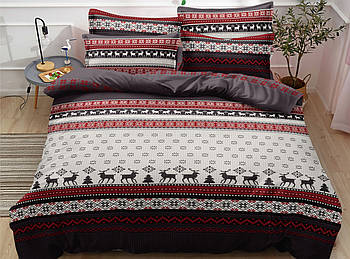 Простирадло 150х220 (Сатин) | Полуторне простирадло від виробника "Королева Ночі" | Новорічний орнамент, сніжинки, олені