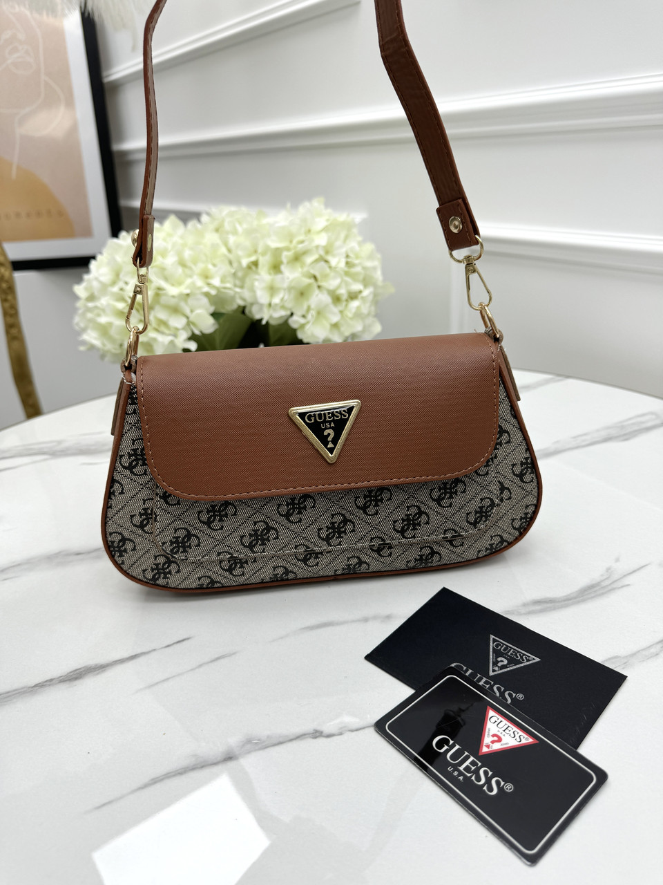 Сумка жіноча Guess багет бежева з коричневим міні на плече Гесс, фото 1