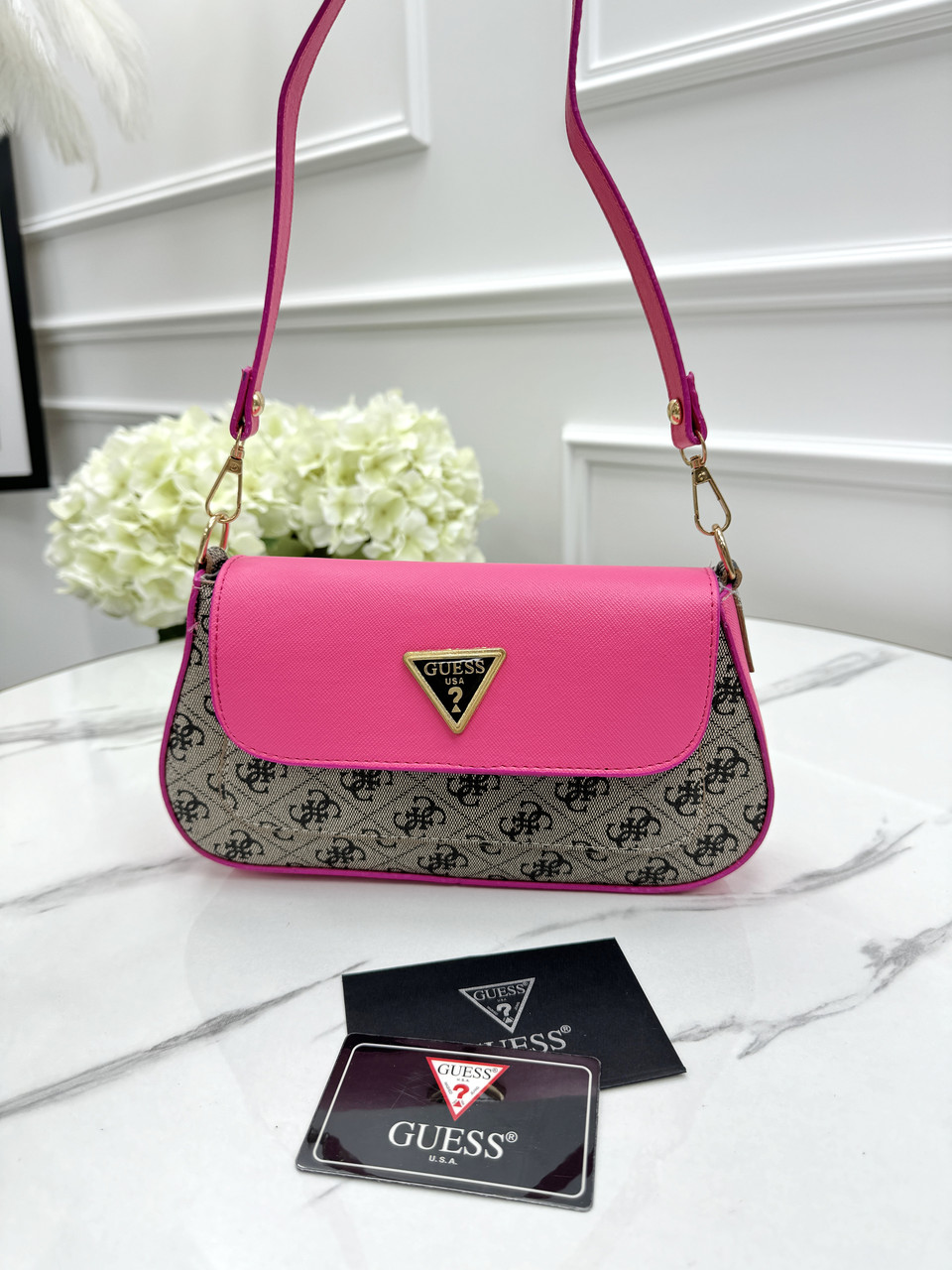 Сумка жіноча Guess багет коричневий із фуксії міні на плече Гесс, фото 1