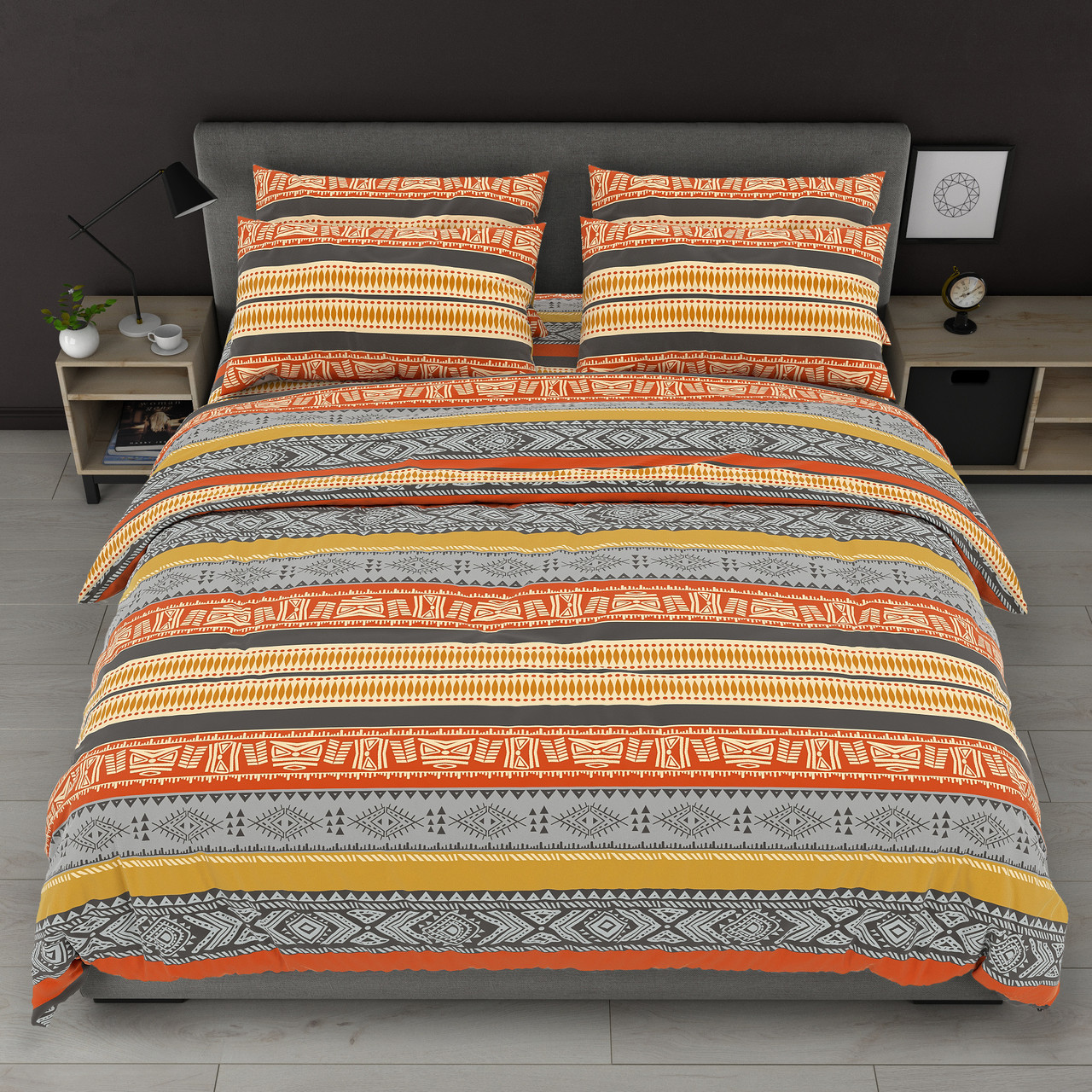 Простирадло 150х220 (Сатин) | Полуторне простирадло від виробника "Королева Ночі" | Орнамент на помаранчевому та сірому, фото 1