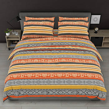 Простирадло 150х220 (Сатин) | Полуторне простирадло від виробника "Королева Ночі" | Орнамент на помаранчевому та сірому