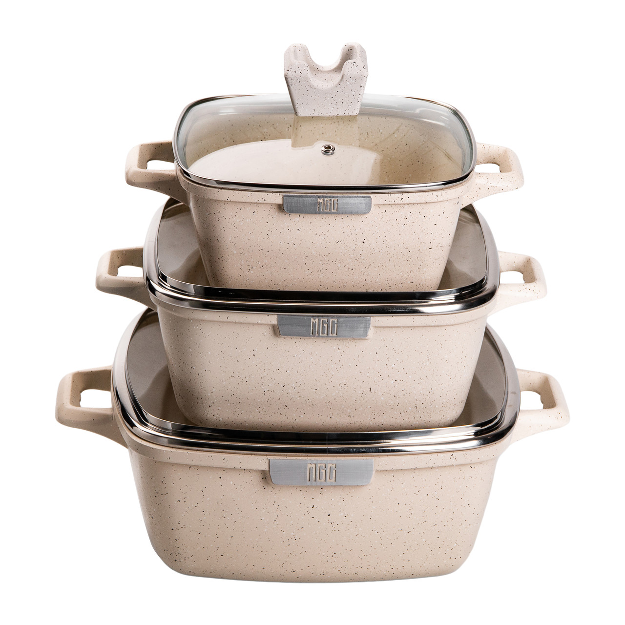 Набір квадратних каструль MGC 3 штуки 20 24 28 см алюмінієві товсте дно, кухонний посуд з кришками скляними Lugi, фото 1