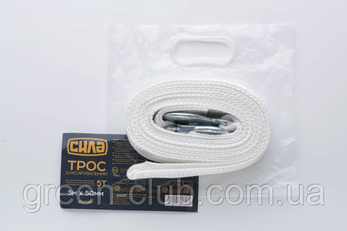 Трос буксирувальний 5 м*50 мм 5 т (білий) (гак) (пакет) СІЛА 284040, фото 1