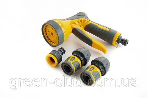 Набір пістолет-розпилювач 9 режимів із регулюванням потоку, конектори 3/4'', адаптер 1/2" — 3/4 СИЛА 551290, фото 1
