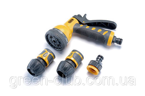 Набір: пістолет-розпилювач 9 режимів, конектори: 3/4 аквастоп, 3/4, адаптер 1/2+3/4 СИЛА 551289, фото 1