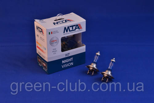 Лампа автомобільна H7 12 V 55 W PX26D NIGHT VISION + 80% (2шт) (ближня/дальня, протитуманна) MTA 80715 NVB2, фото 1