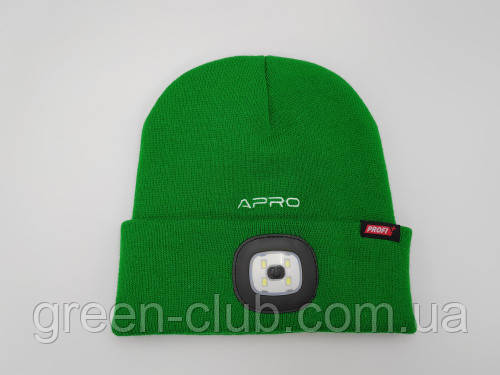 Шапка з ліхтарем зелена 200 Лм (300 мА·год) APRO 900534, фото 1