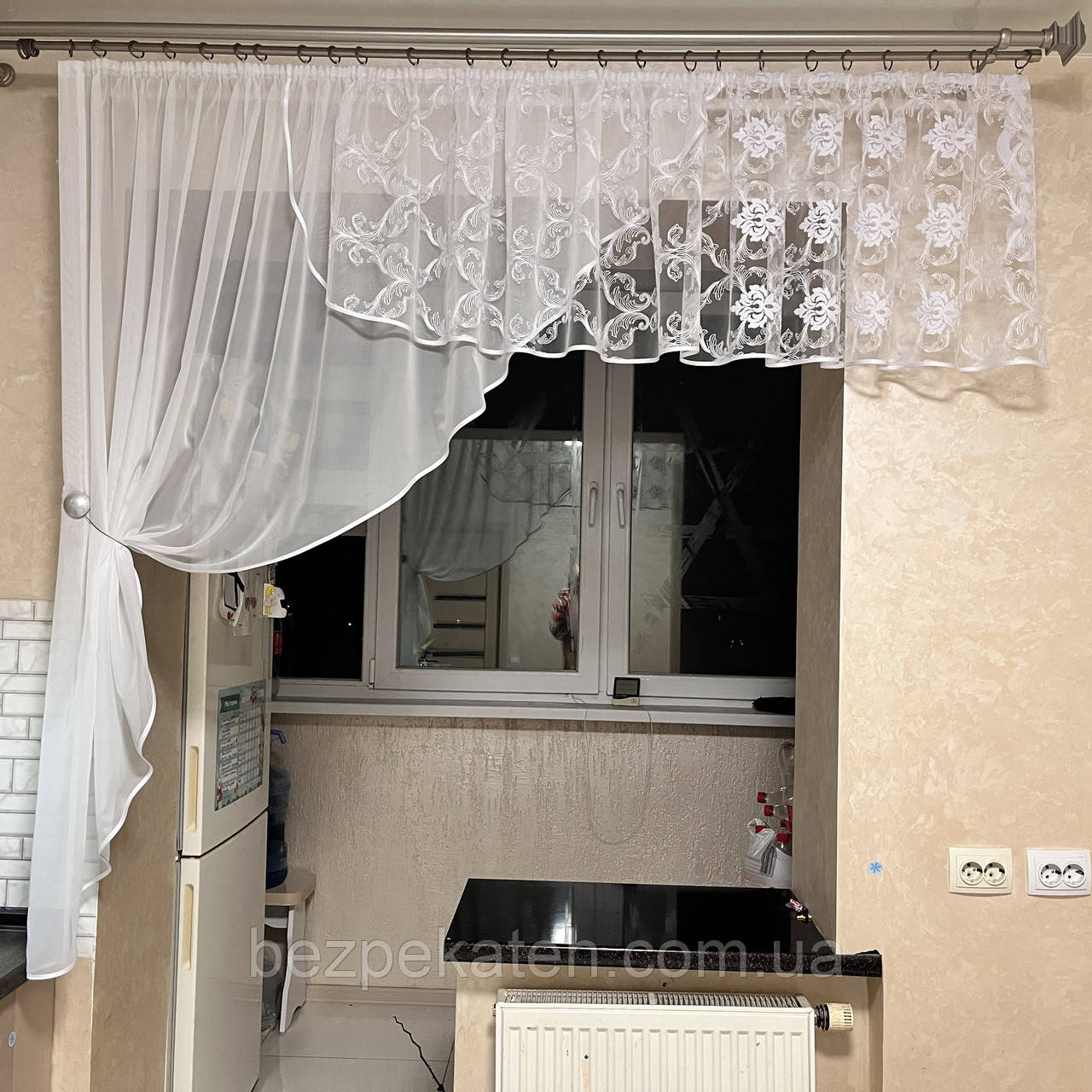 Біла тюль на кухню. Арка для кухні. Біла кухонна тюль. Готова коротка тюль. Готова тюль на кухню, фото 1