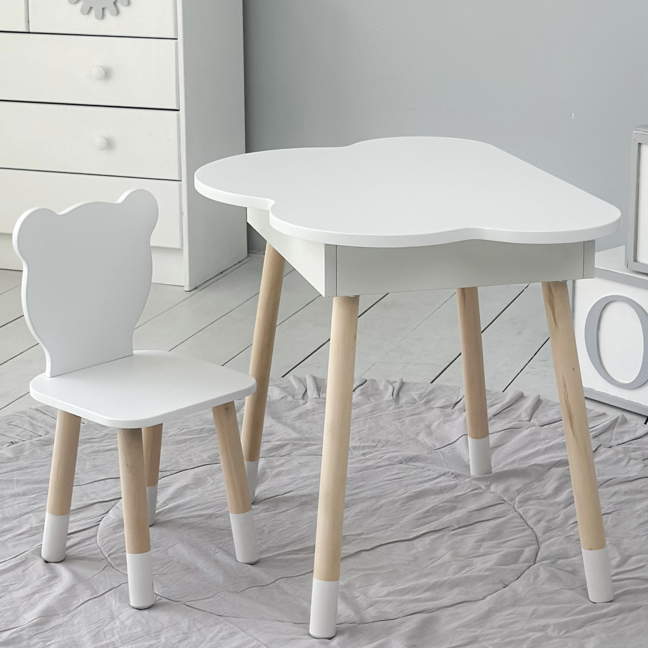 Новинка! Дитячий білий столик хмаринка з нішею і стільчик ведмедик білий 65480
