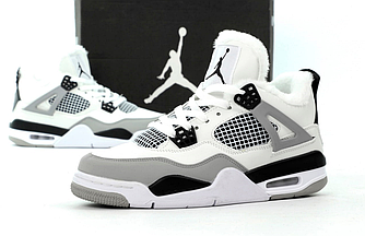 Жіночі Зимові кросівки Nike Air Jordan Retro 4 Winter на хутрі White Gray Military Найк Джордан білі з сірим