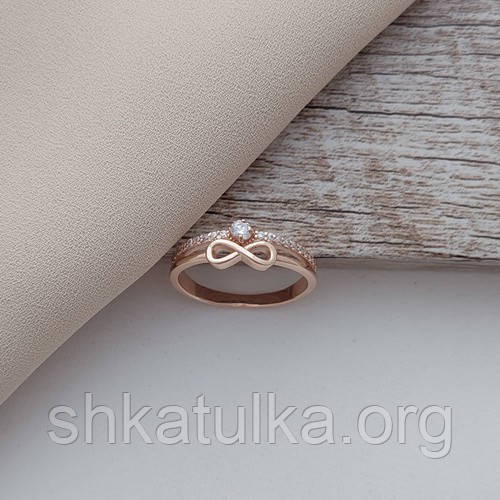 Каблучка золота подвійна з білими фіанітами та знаком нескінченності 3.16, фото 1
