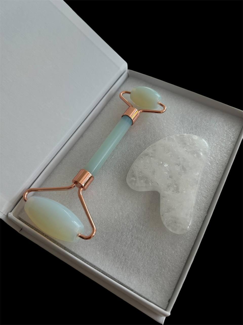 Роликовий масажер Місячний камінь та скребок Гуаша білий нефрит(Набір)