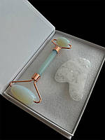 Роликовий масажер Місячний камінь та скребок Гуаша білий нефрит(Набір)