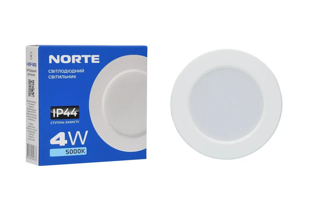 Точковий світильник стельовий 4W ІР44 NORTE Downlight 1-NDP-1600 5000K круглий світильник вбудований, фото 1