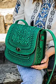 Авторська шкіряна сумка жіноча "Дубок" ручної роботи, сумка етнічна карпатська зелена