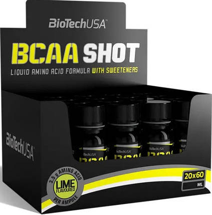 Амінокислота ВСАА BioTech BCAA Shot zero carb 20 штук 60 мл лайм, фото 1