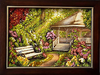 Картини та панно з бурштину "Пейзаж Дворик з альтанкою" 30*40 см | Декор для дому, квартири