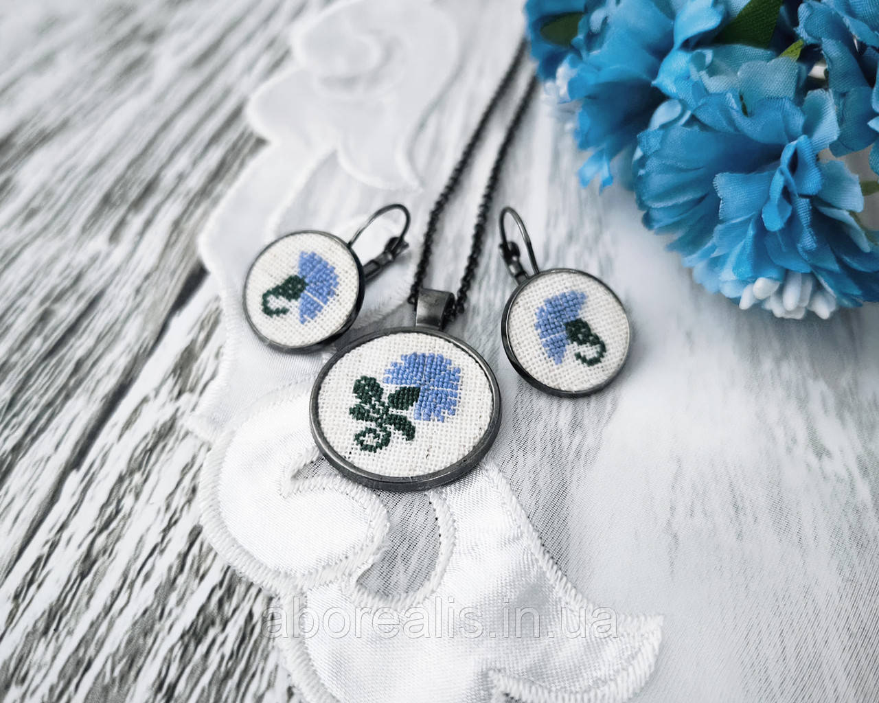Сережки і кулон з вишивкою "Волошки", фото 1