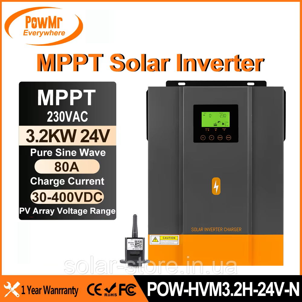 Гібридний сонячний інвертор PowMr 3200W 24V POW-HVM3.2H-24V-N (Max СH 80A, AC 60)
