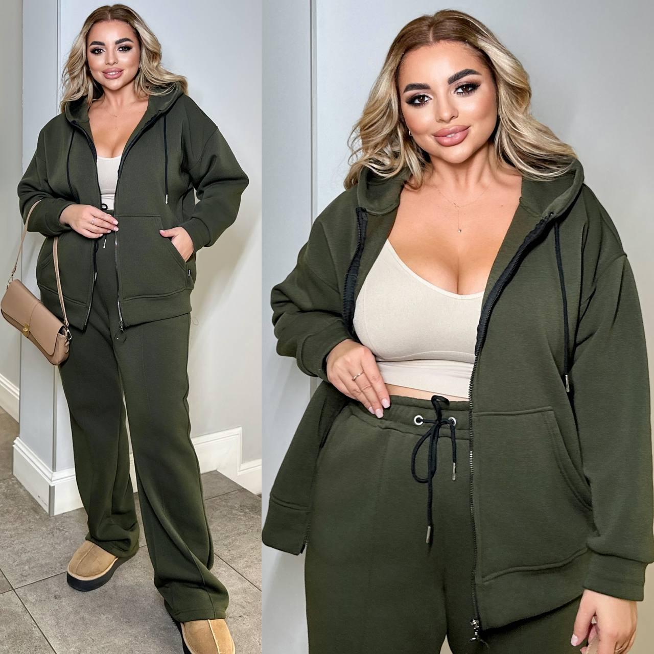 Костюм жіночий теплий з тринитки із кофтою на молнії і широкими штанами (Батал), фото 1