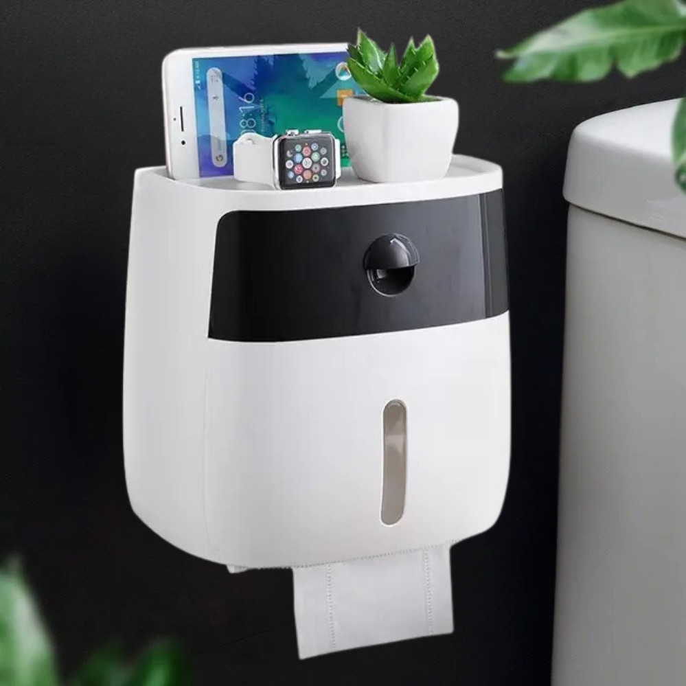 Тримач для туалетного паперу та серветок Ecoco з полицею Органайзер у ванну кімнату чорний, фото 1