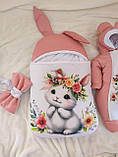 Спальник + комбінезон для новонароджених дівчаток, принт Зайчик з віночком, персиковий, фото 2