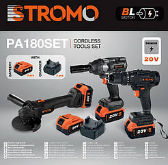 Акумуляторний набір 3в1 STROMO PA180SET Болгарка+Гайковерт + Шкурупокрут, 3 АКБ 20 В, 4 А/год + 2 зарядки
