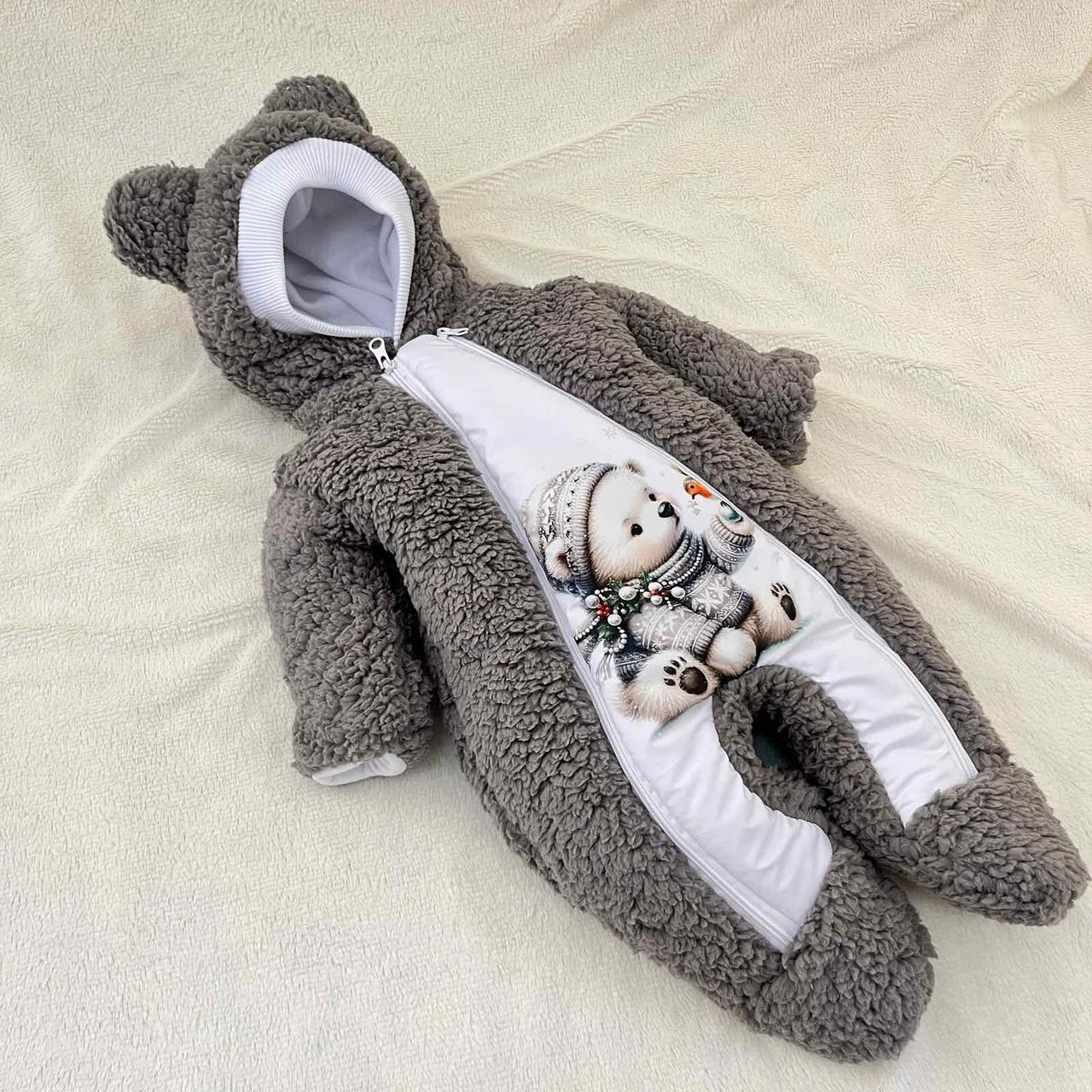 Теплий комбінезон Тедді з принтом ведмежа для новонароджених, сірий, фото 1