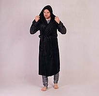 Халат чоловічий махровий теплий із капюшоном однотонний чорний 44-60р.