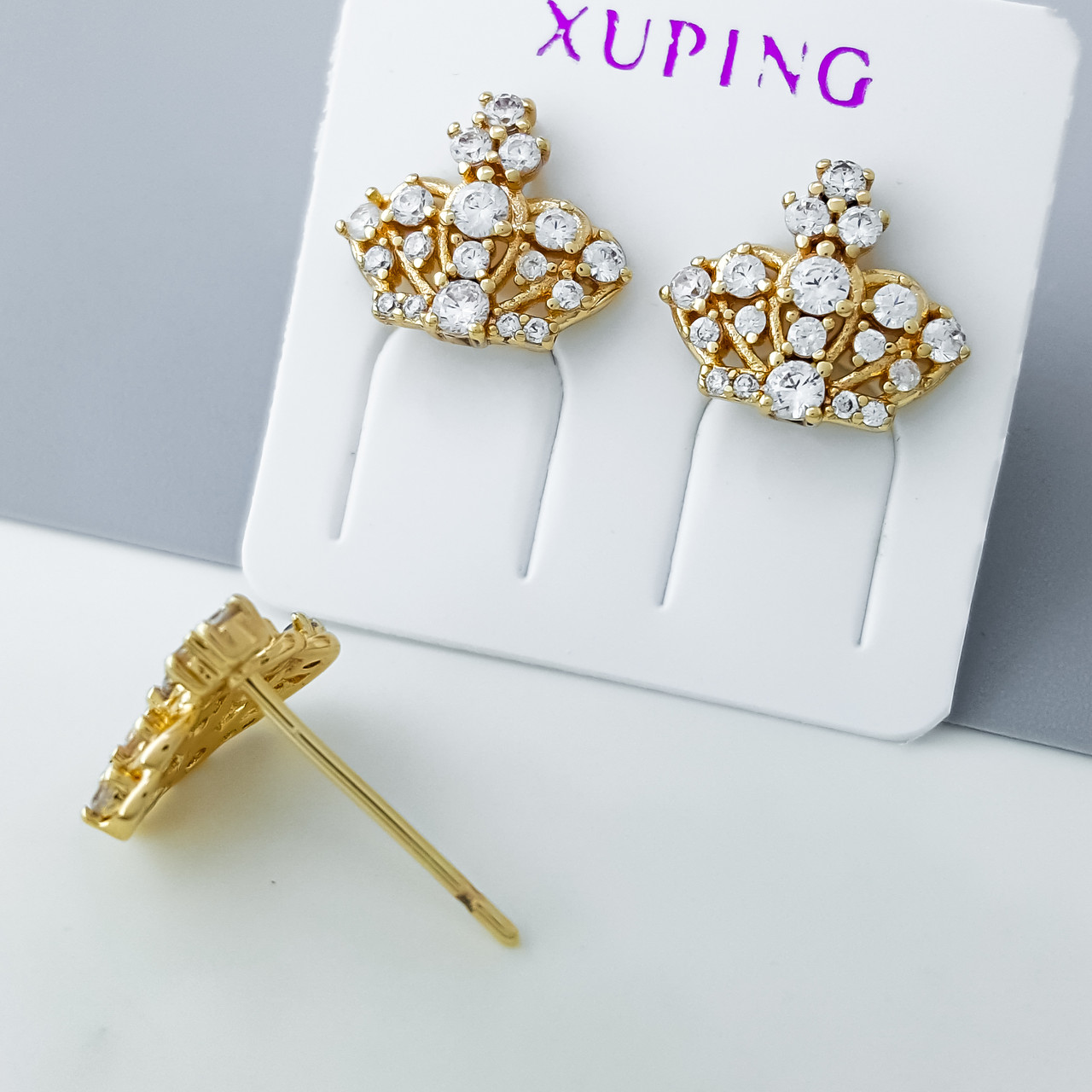 Сережки цвяшки "Корона" з розсипом каміння, медзолото Xuping позолота 18К