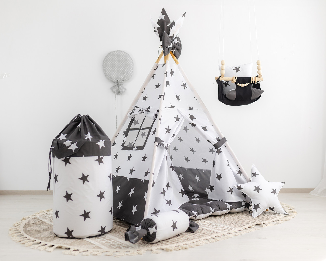 Вігвам для дітей Новий стиль з ковриком БОН БОН + кошик для іграшок + підвісна гойдалка. Повний комплект, фото 1