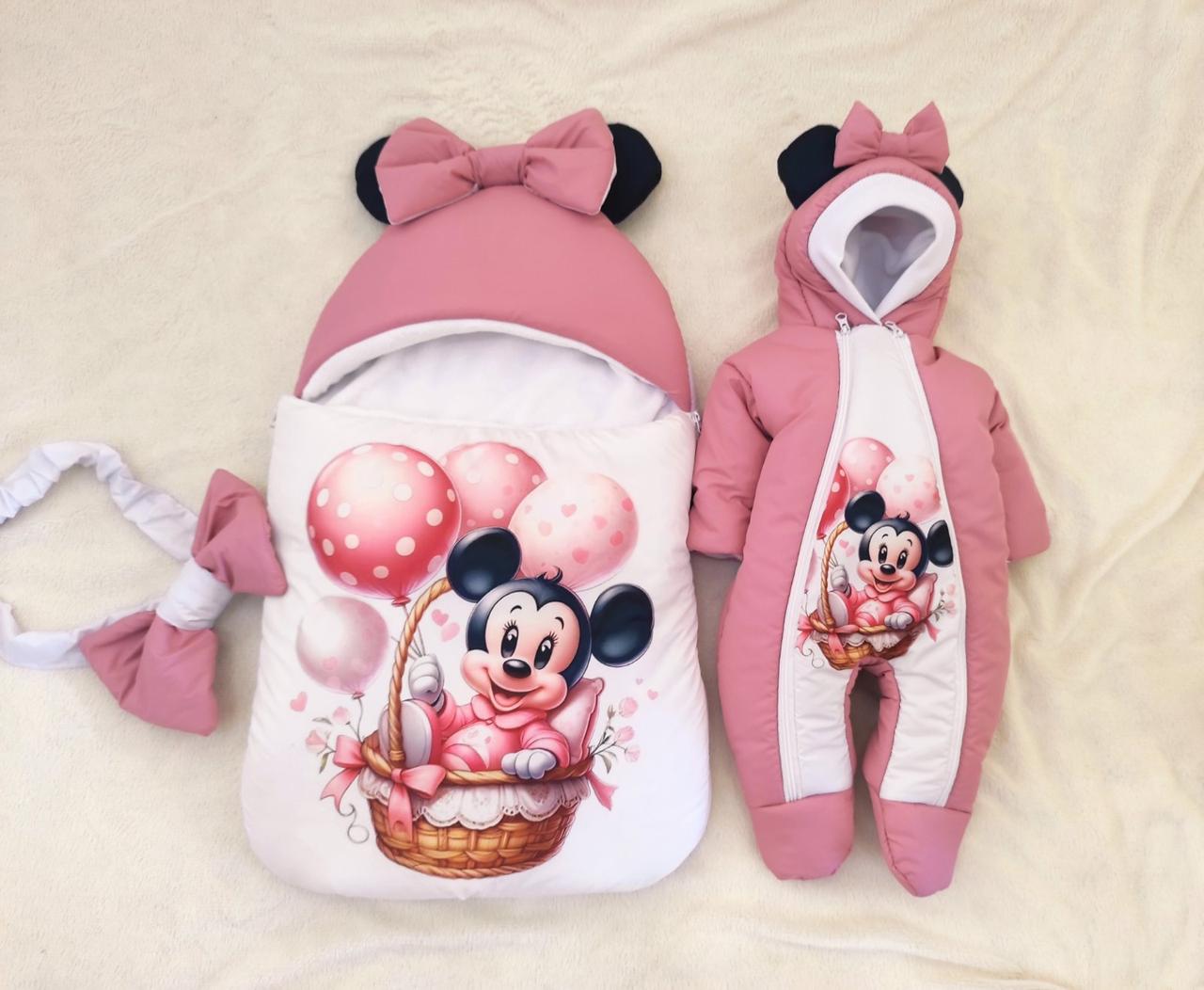 Комплект для новонароджених дівчаток, принт Мінні з кульками, темно-рожевий, фото 1