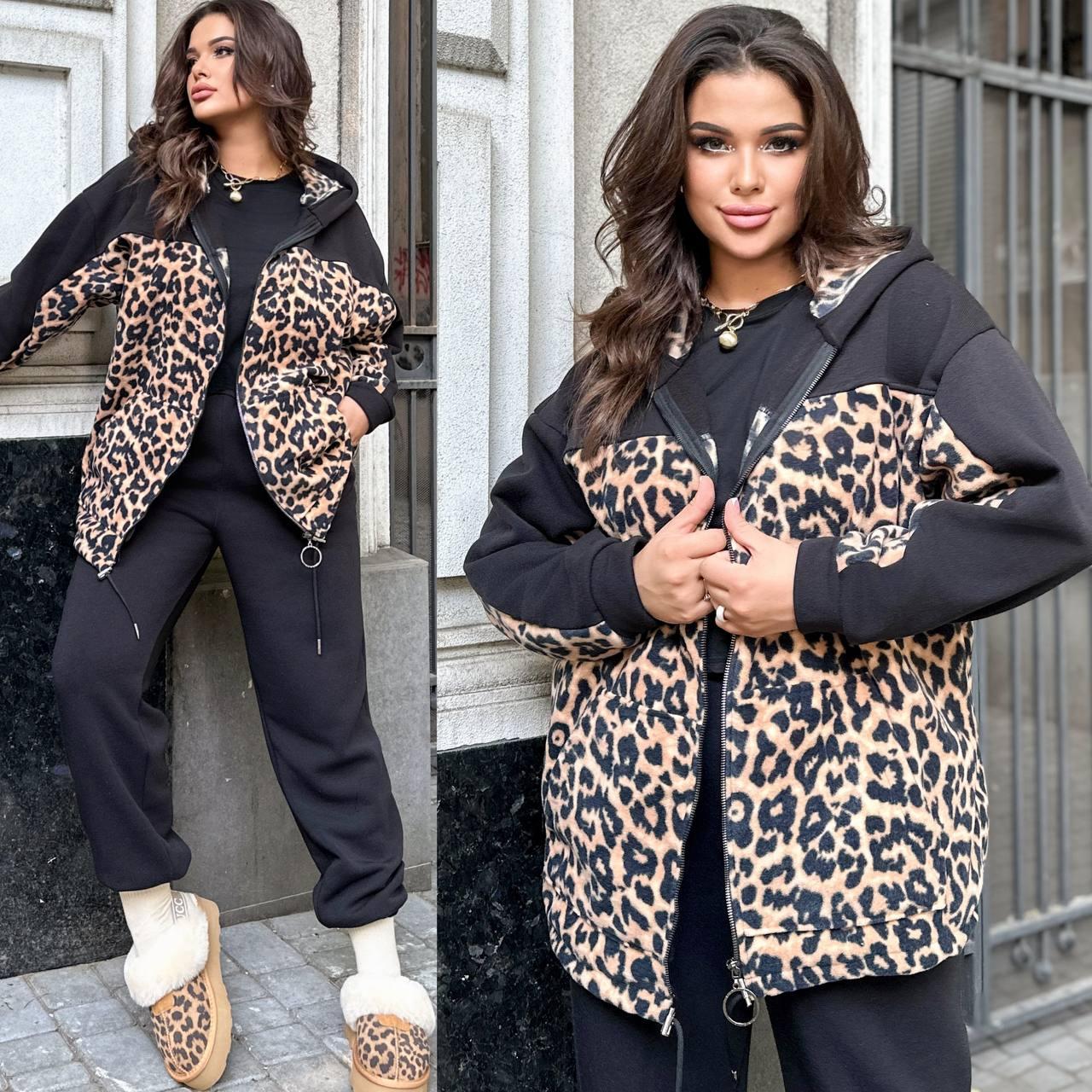 Костюм жіночий теплий з тринитки на флісі зі штанами і леопардовою кофтою (Батал), фото 1
