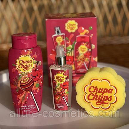 Набір Гель для душу, мочалки та міст для тіла Chupa Chups 300ml + 100ml + 1ea Strawberry Cherry
