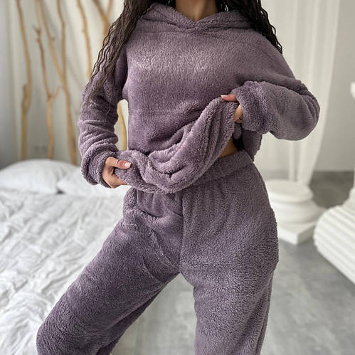 Женский теплый домашний костюм махровый пижама худи с капюшоном и штаны ...