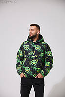 Чоловіча зимова куртка-анорак зелена на синтепуху з принтом, Молодіжний теплий анорак зеленого кольору на зиму