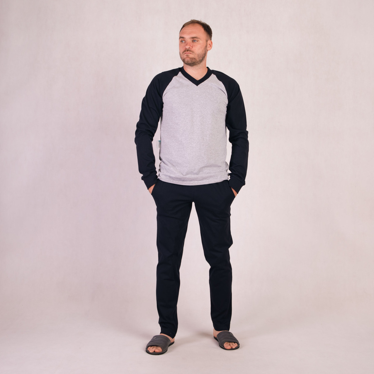 Піжама чоловіча бавовняна кофта зі штанами літня однотонна синя 48-60р.