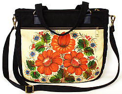 Джинсова сумочка саквояж три червоні маки