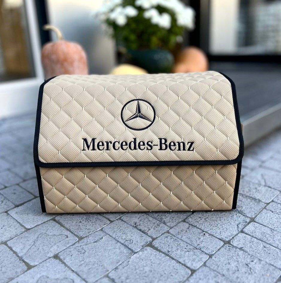 Органайзер у багажник з логотипом Mercedes з екошкіри, бежевий, 50 см, складаний органайзер у багажник, фото 1