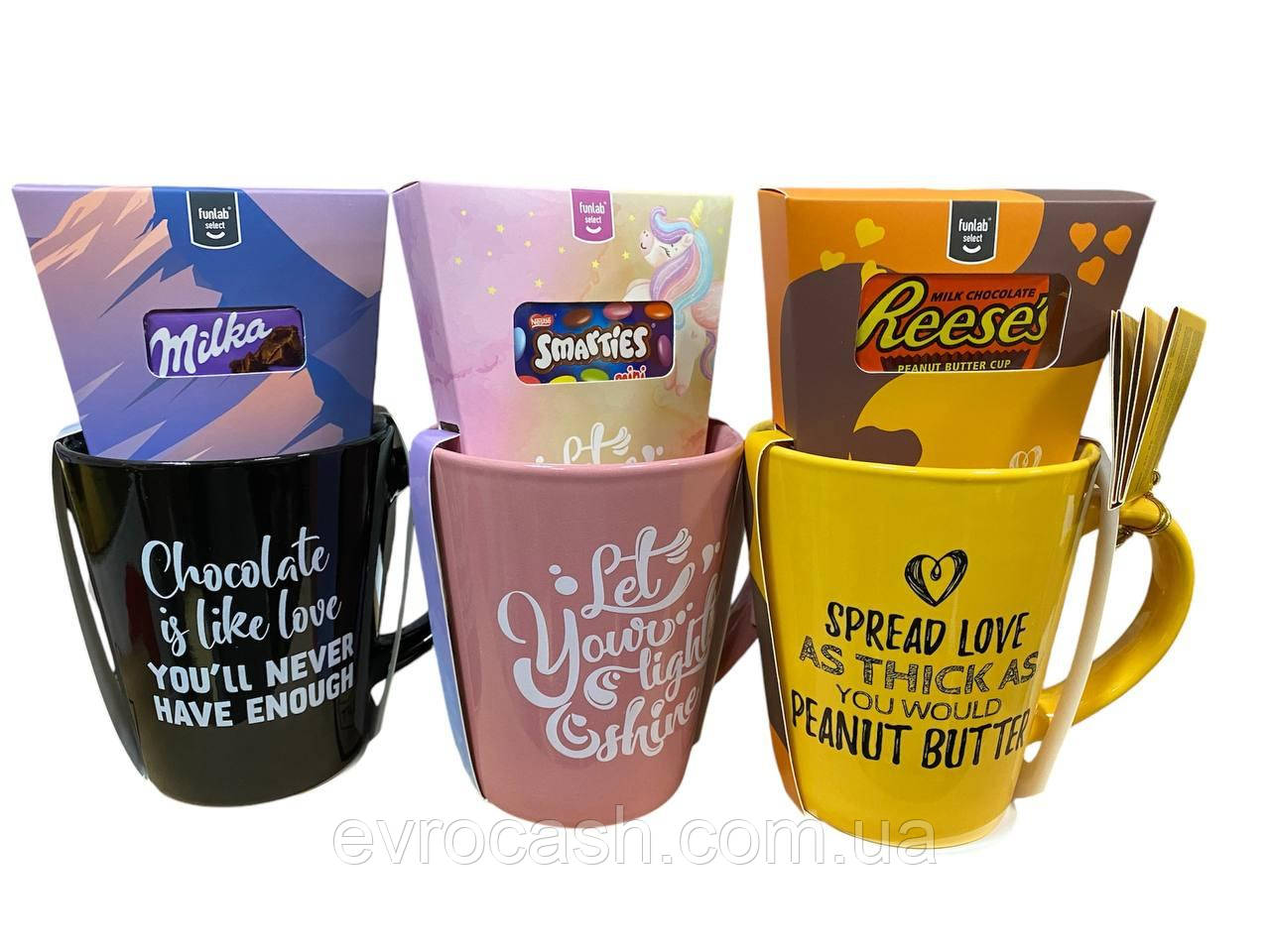 Подарунковий набір чашка з гарячим шоколадом Milka/Smarties/Reese`s в асортименті ( ящик 9 шт )