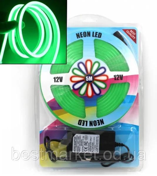 Стрічка силіконова LED NEON 5M Green Світлодіодна стрічка зелена 12V-220V, фото 1