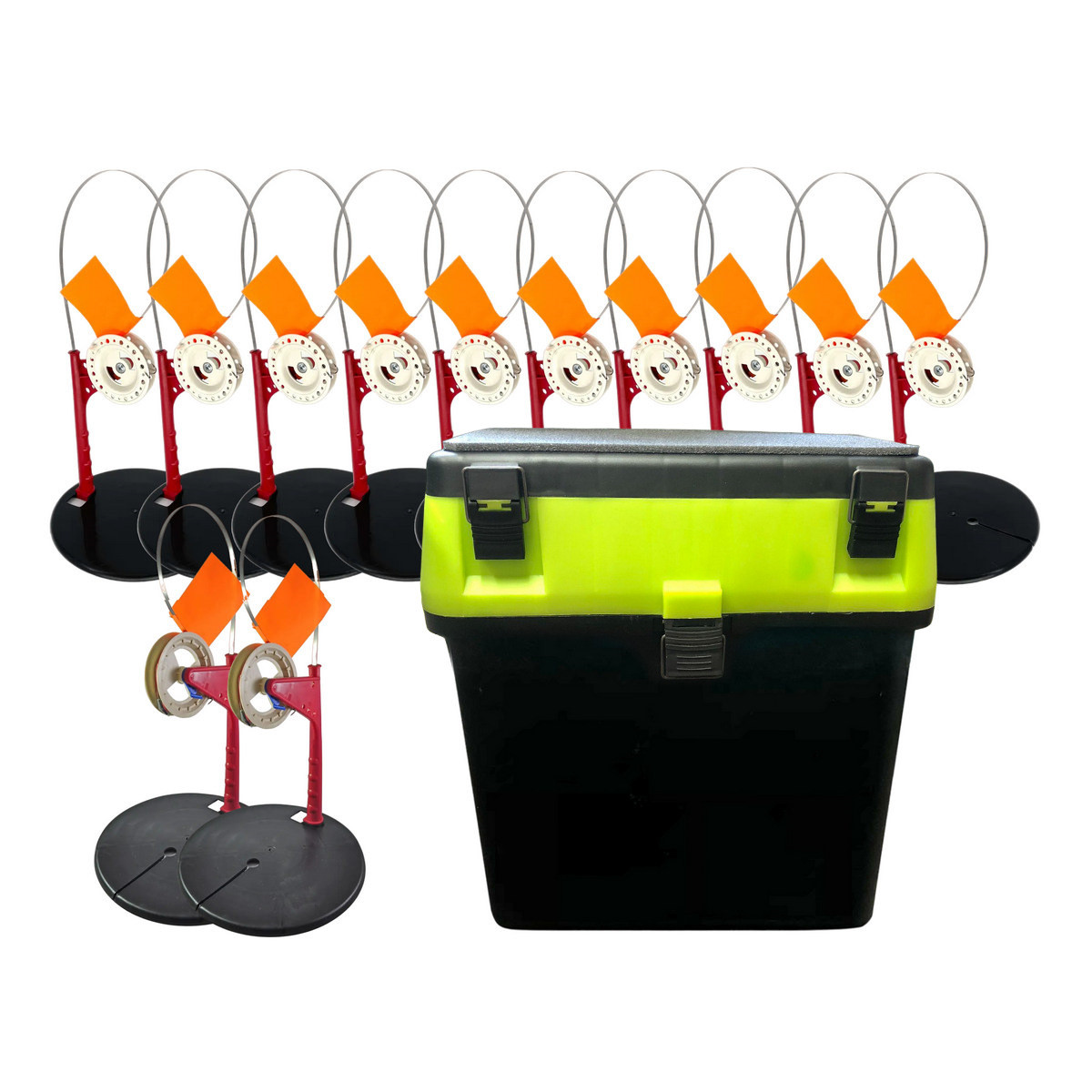 Зимовий набір: жерлиця з гальмом оснащена 10шт + зимовий ящик 18л - Чорно-салатовий