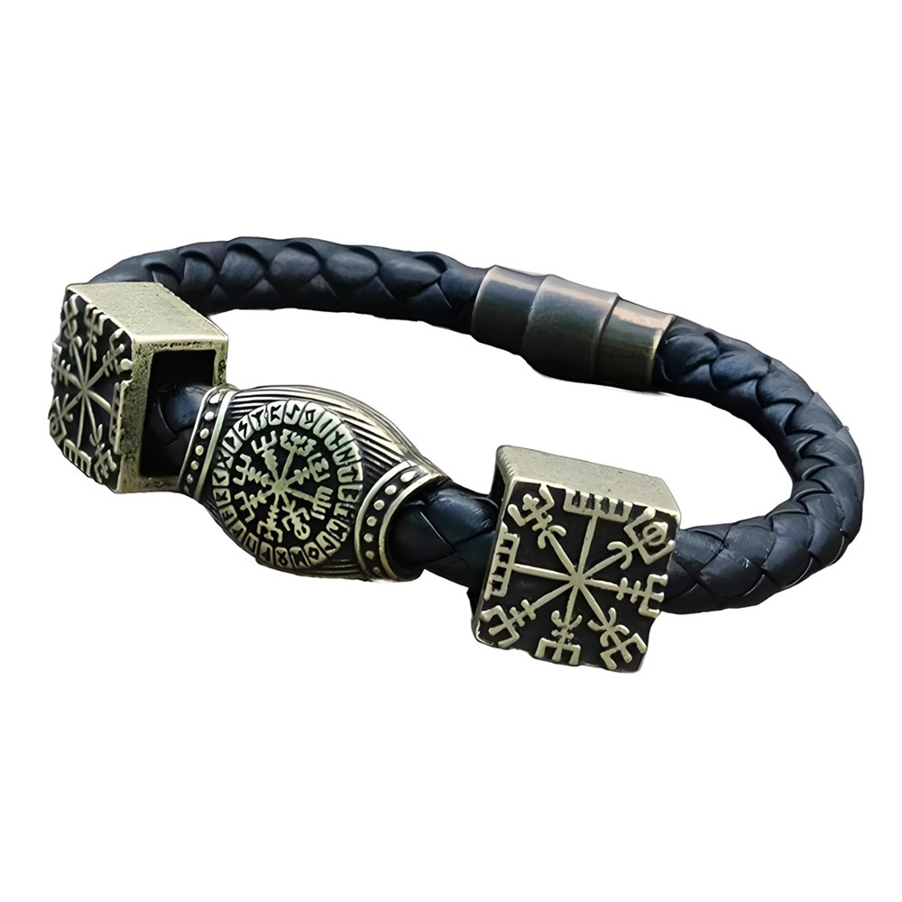 Браслет шкіряний з 3 рунами "Вегвізир" 18 см. бронзовий, фото 1