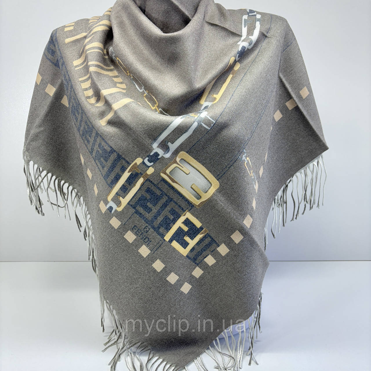 Платок шарф Фенди Fendi. Зимова тепла кашемірова хустка Темно-сірий, фото 1