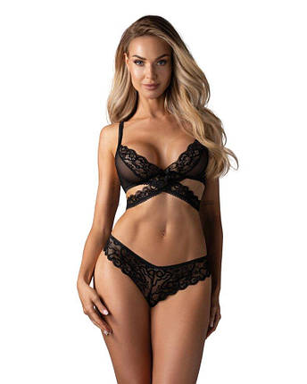 Комплект Obsessive Blomentis 2-pcs set, XL/2XL, мереживний, ліф із зав'язками на спині, трусики-сліпи, фото 1