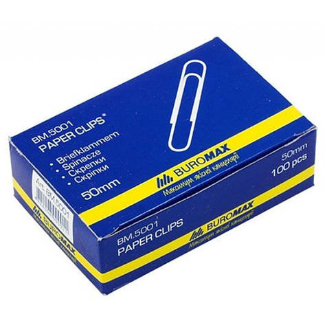 Скріпки канцелярські Buromax 50мм, nickel-plated, 100шт (BM.5001), фото 1